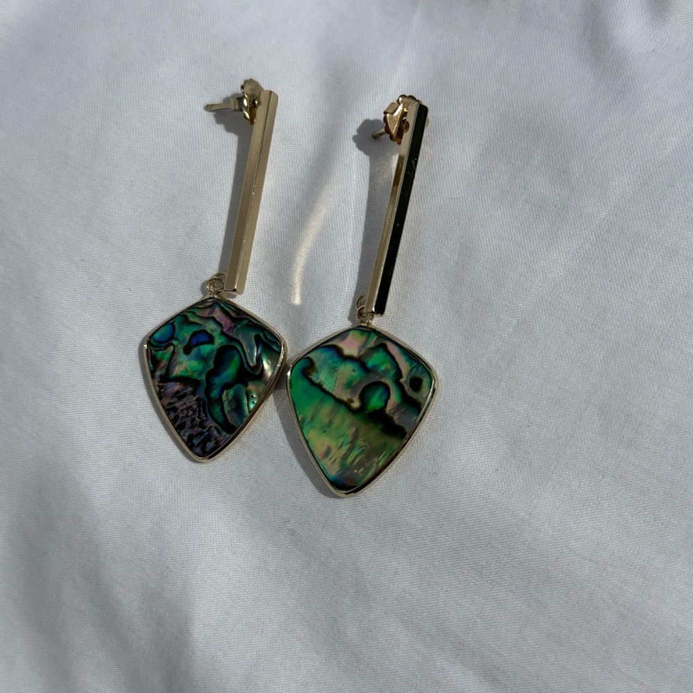 Abalone Drop Earrings with Gold Tone Accents 2.5 inches long Nautical Marine